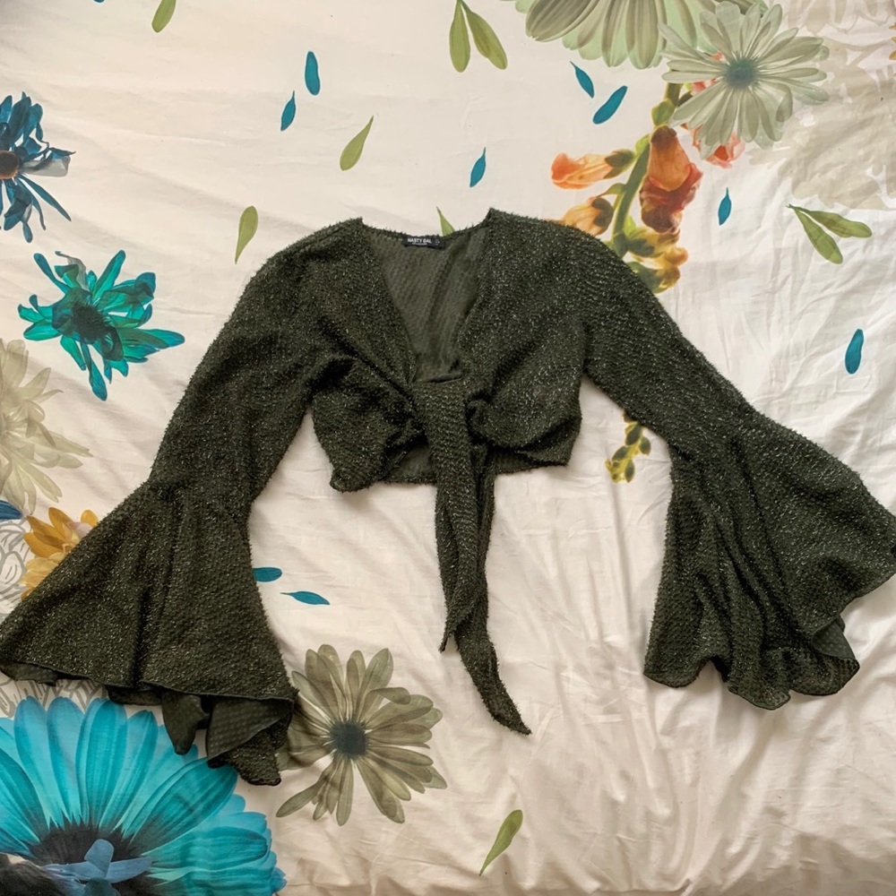 Nasty Gal Metallic Bell Sleeve Tie Front Crop Top